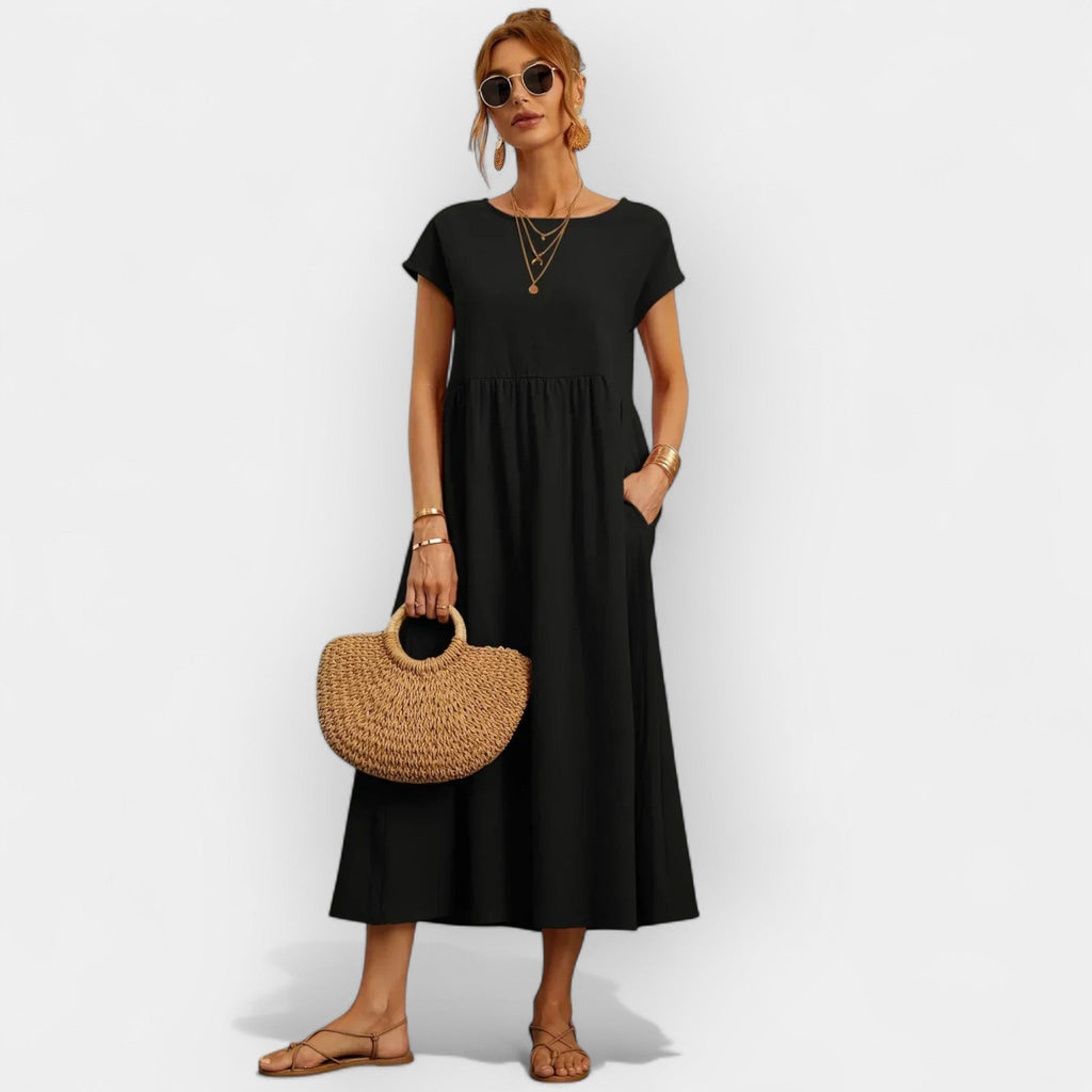 Women's Casual Short Sleeve Midi Dress with Pockets - Black