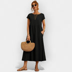Women's Casual Short Sleeve Midi Dress with Pockets - Black