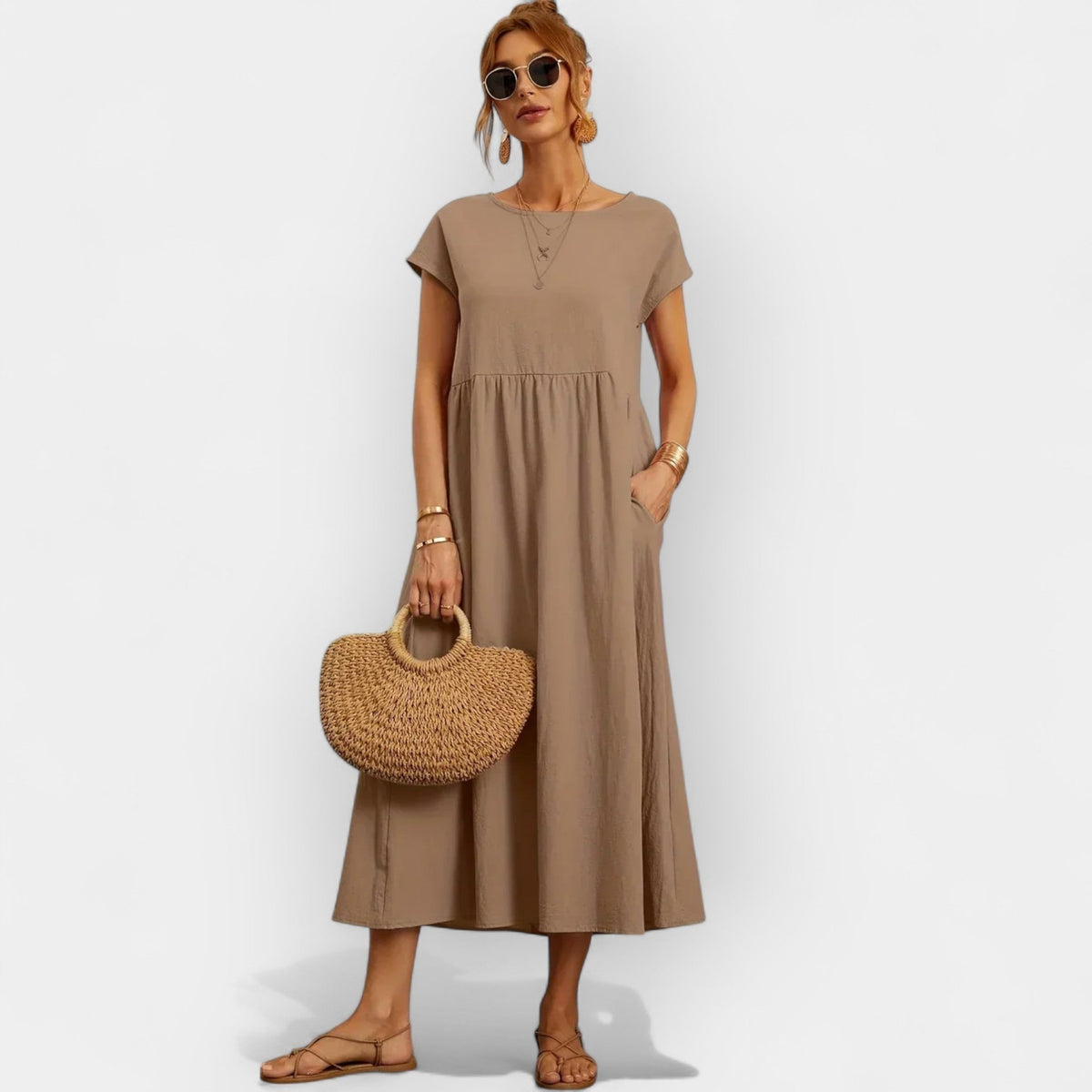 Women's Casual Short Sleeve Midi Dress with Pockets - Brown