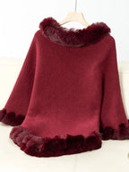Women's 3/4 Sleeve Poncho with Faux Fur Trim Textured Cape
