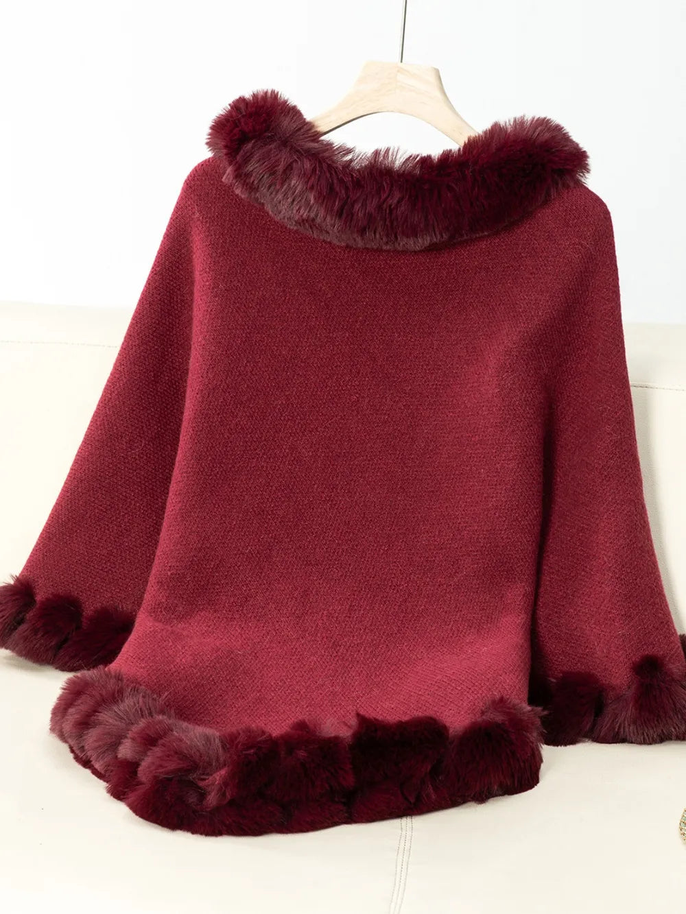 Women's 3/4 Sleeve Poncho with Faux Fur Trim Textured Cape