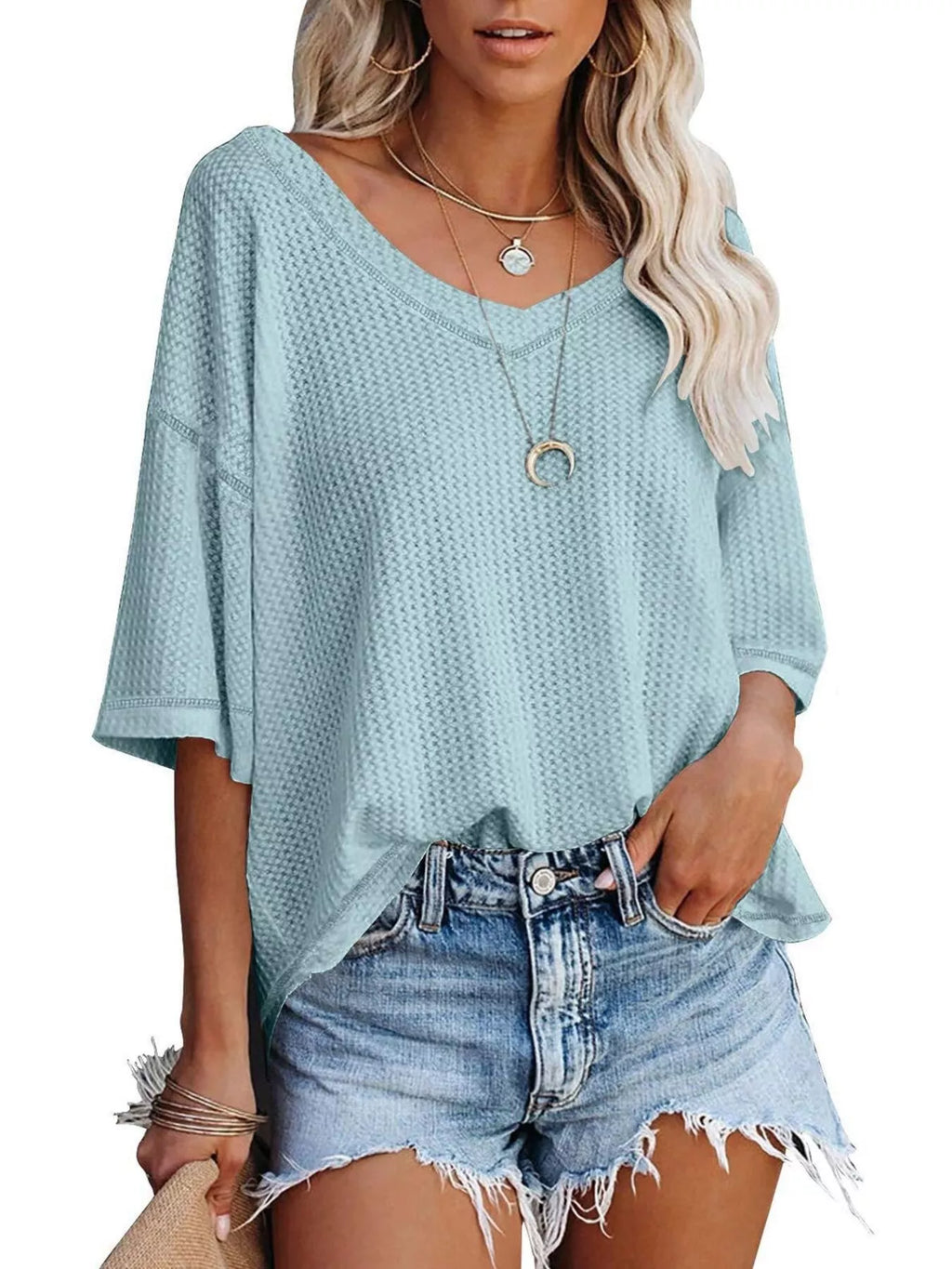 Women's Waffle Knit V-Neck Short Sleeve T-Shirt - Light Blue