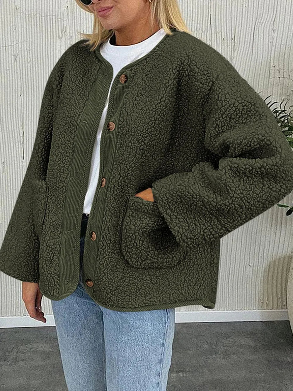 Women's Two-Tone Sherpa Button-Up Jacket with Pockets