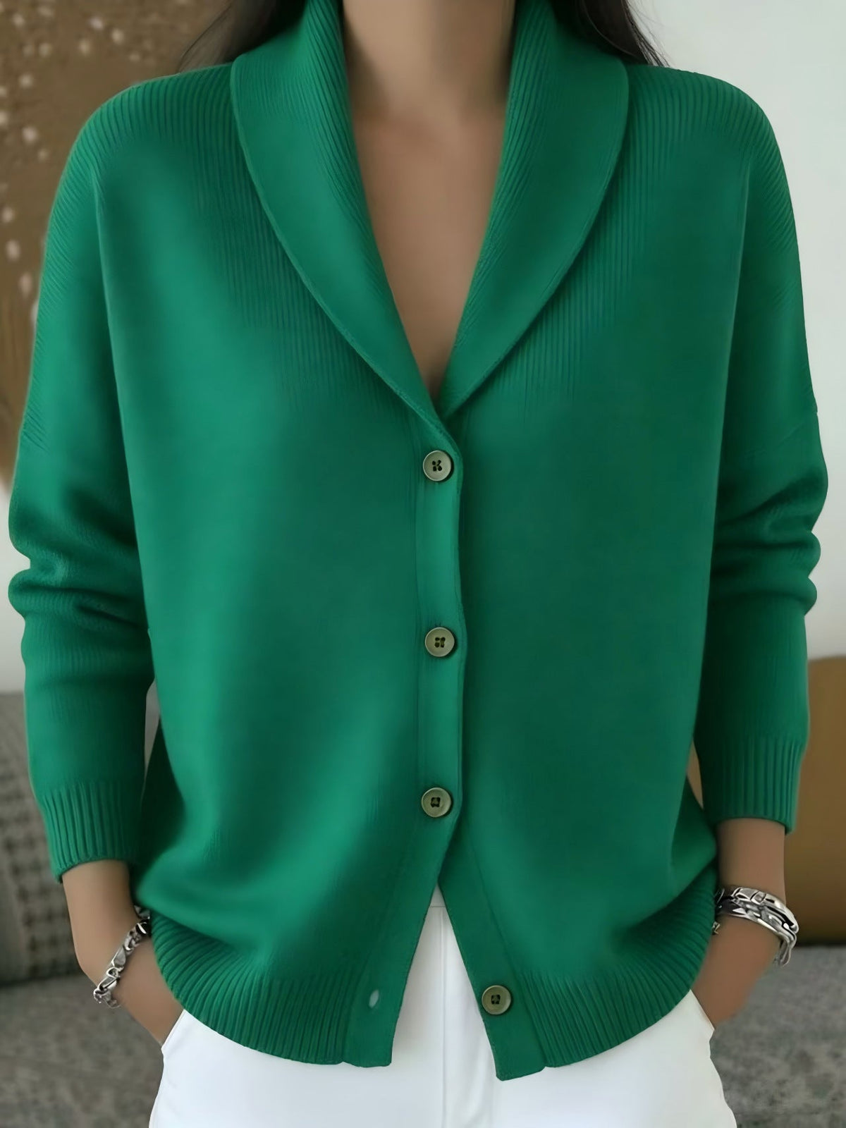 Women's Soft Knit Lapel Cardigan - Green