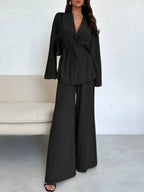 Women's Tie-Waist Top and Textured Wide-Leg Pants Set