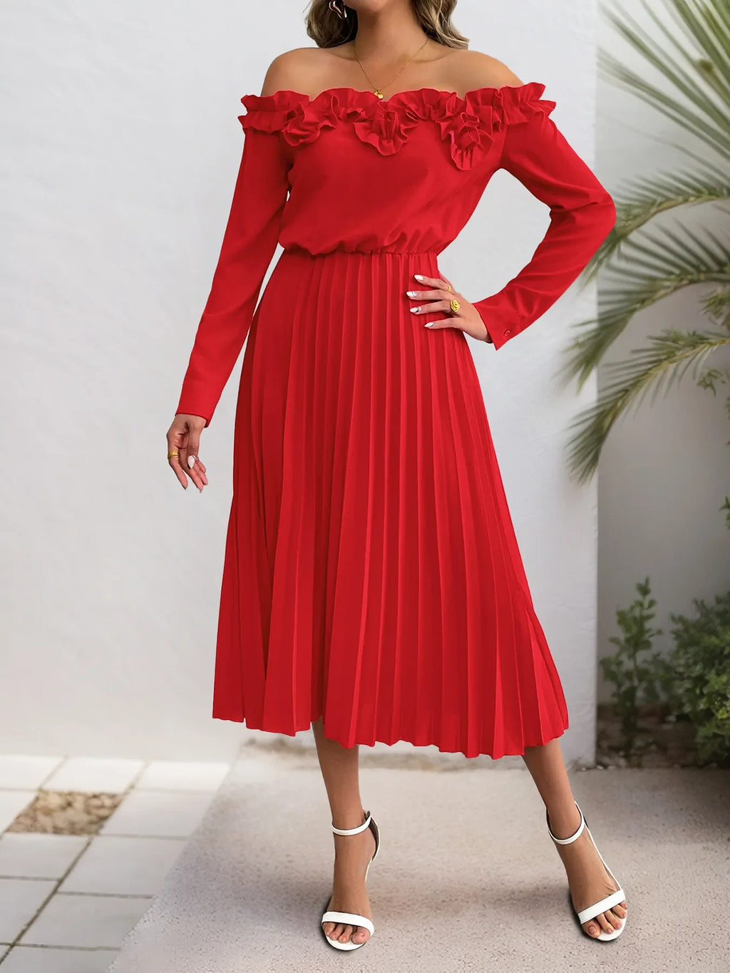 Women's Pleated Off-Shoulder Ruffle Midi Dress - Red