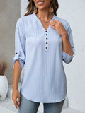 Women's Striped V-Neck Roll-Up Sleeve Blouse - Light Blue Stripe