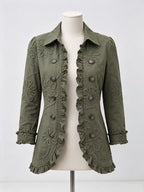 Women's Pleated Ruffle Office Blazer - Army Green Print