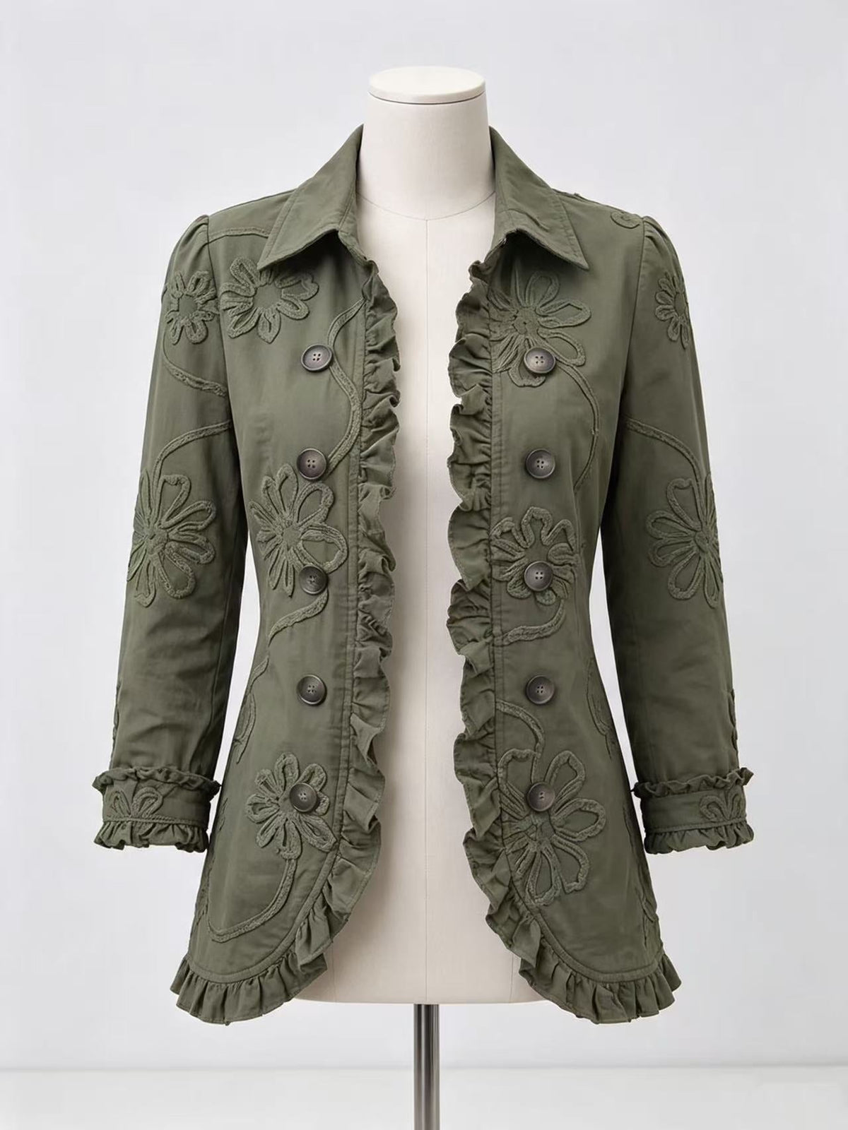 Women's Pleated Ruffle Office Blazer - Army Green Print
