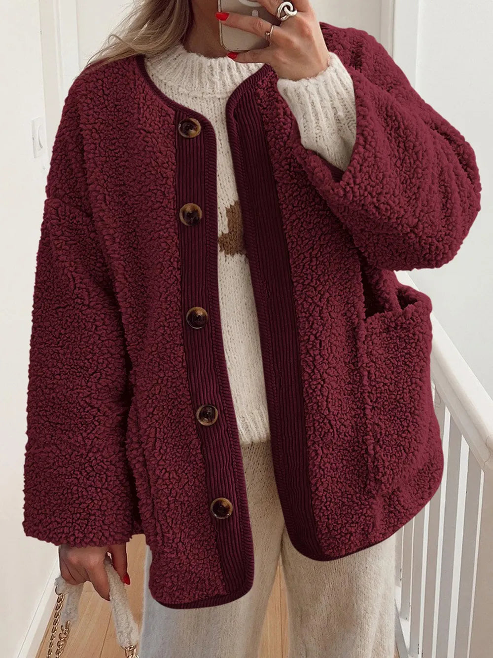 Women's Two-Tone Sherpa Button-Up Jacket with Pockets