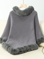 Women's 3/4 Sleeve Poncho with Faux Fur Trim Textured Cape