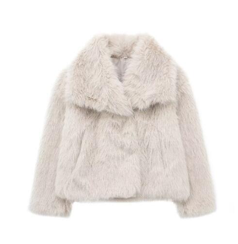 Women's Faux Fur Lapel Coat Warm Padded Winter Coat - Beige