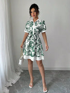 Women's Printed Button-Front Mini Dress - Dark Green