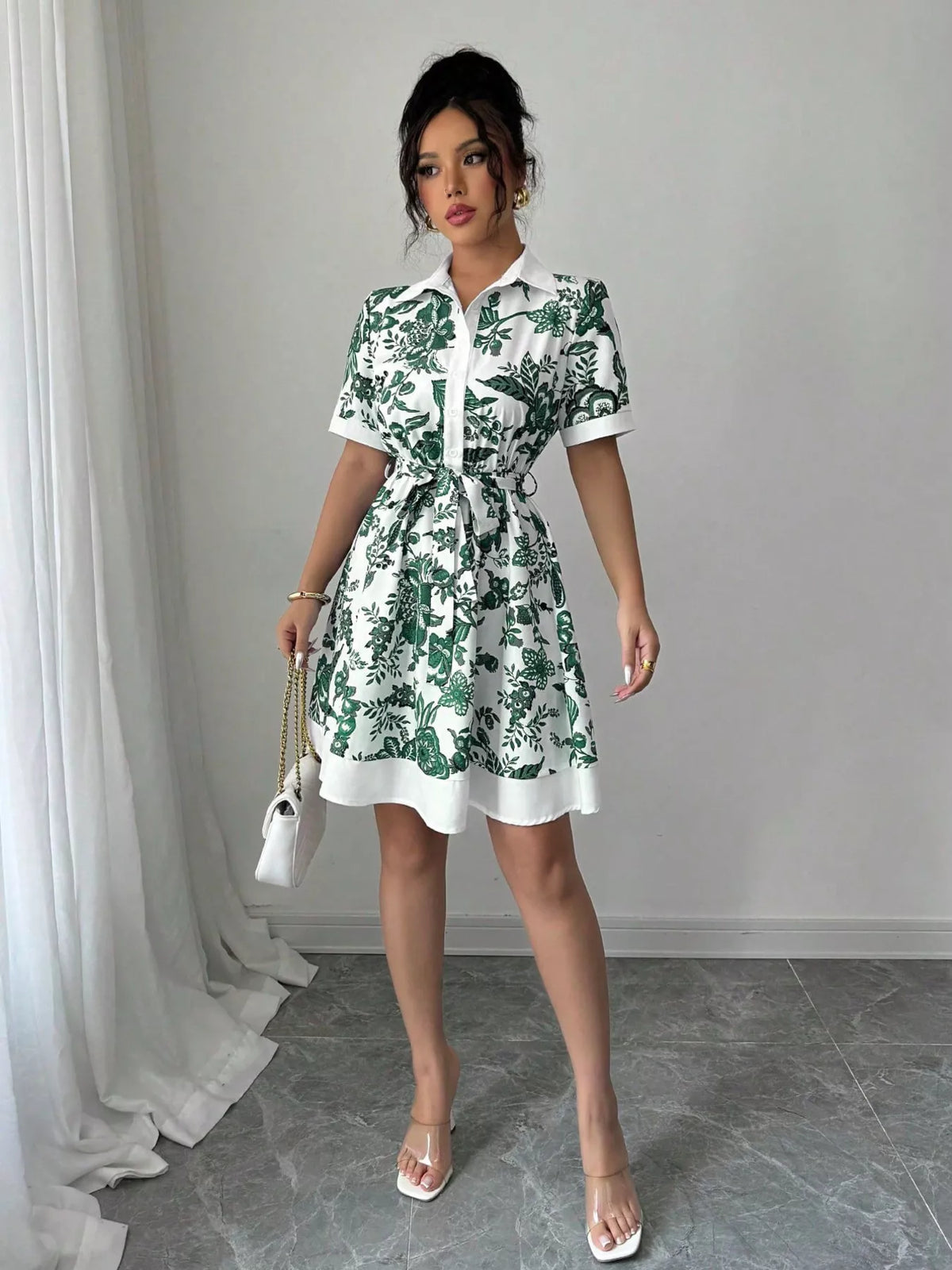 Women's Printed Button-Front Mini Dress - Dark Green