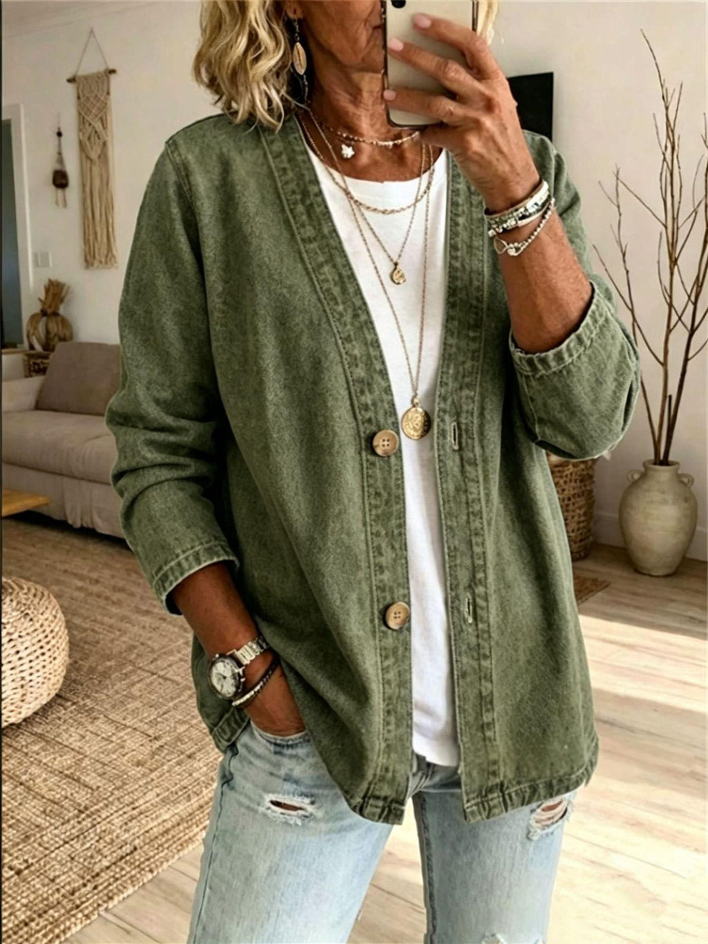 Women's Casual Denim Cardigan Jacket - Army Green