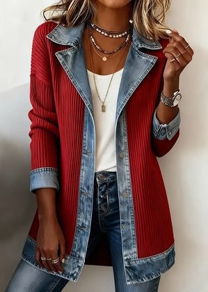 Women's Elegant Patchwork Denim Jacket - Red