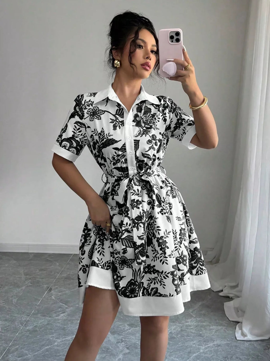 Women's Printed Button-Front Mini Dress - Black
