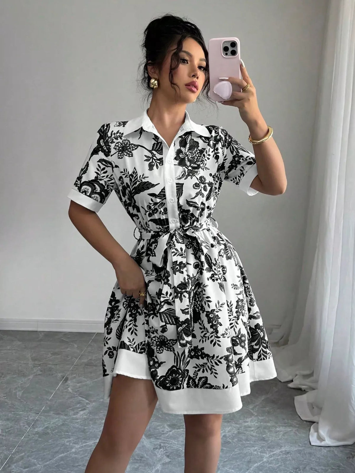 Women's Printed Button-Front Mini Dress - Black
