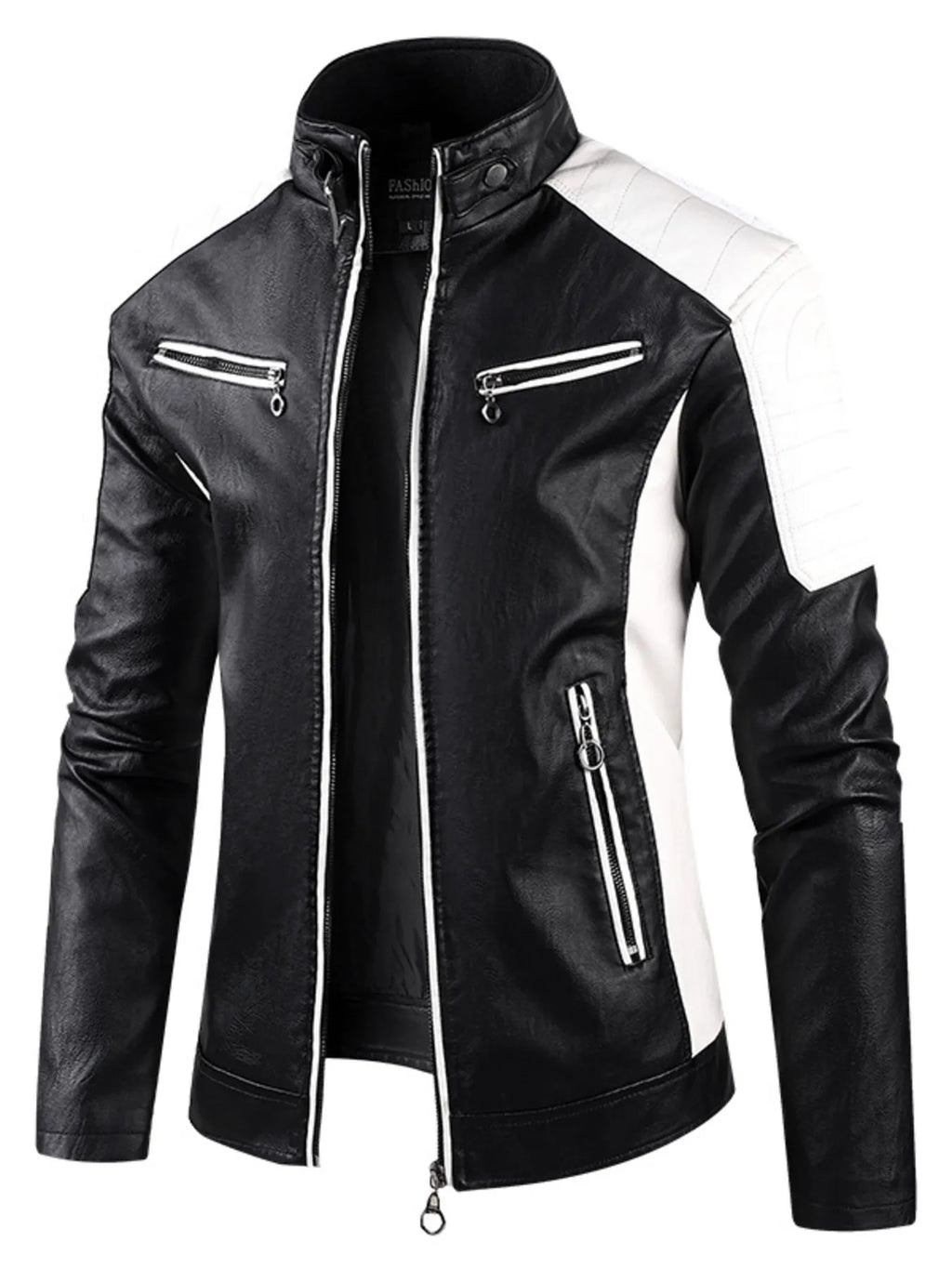 Men's Color Block Faux Leather Jacket Plus Size - Black