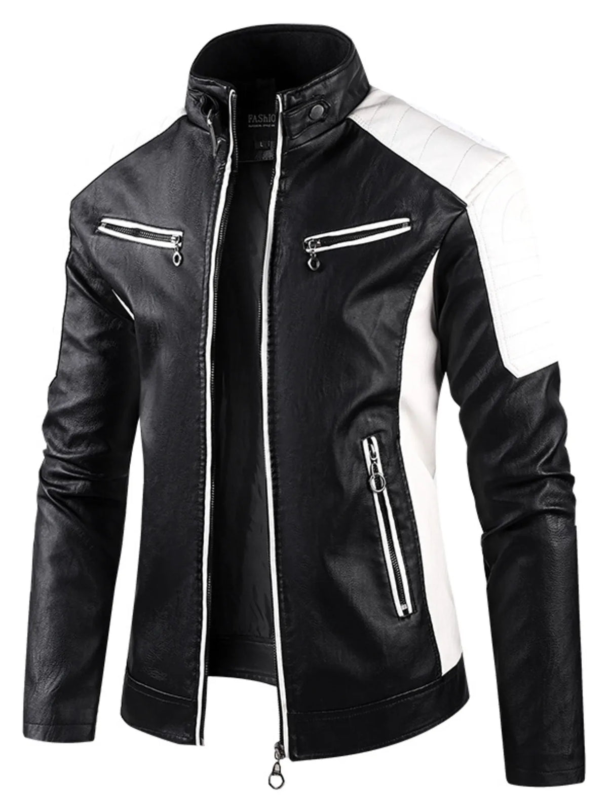 Men's Color Block Faux Leather Jacket Plus Size - Black