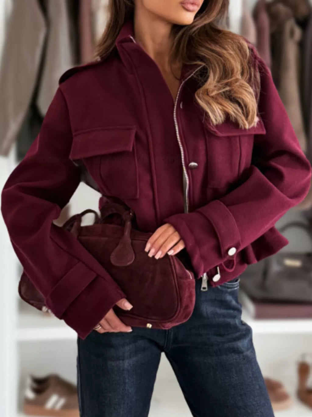 Women's Lightweight Casual Button-Up Jacket with Drawstring