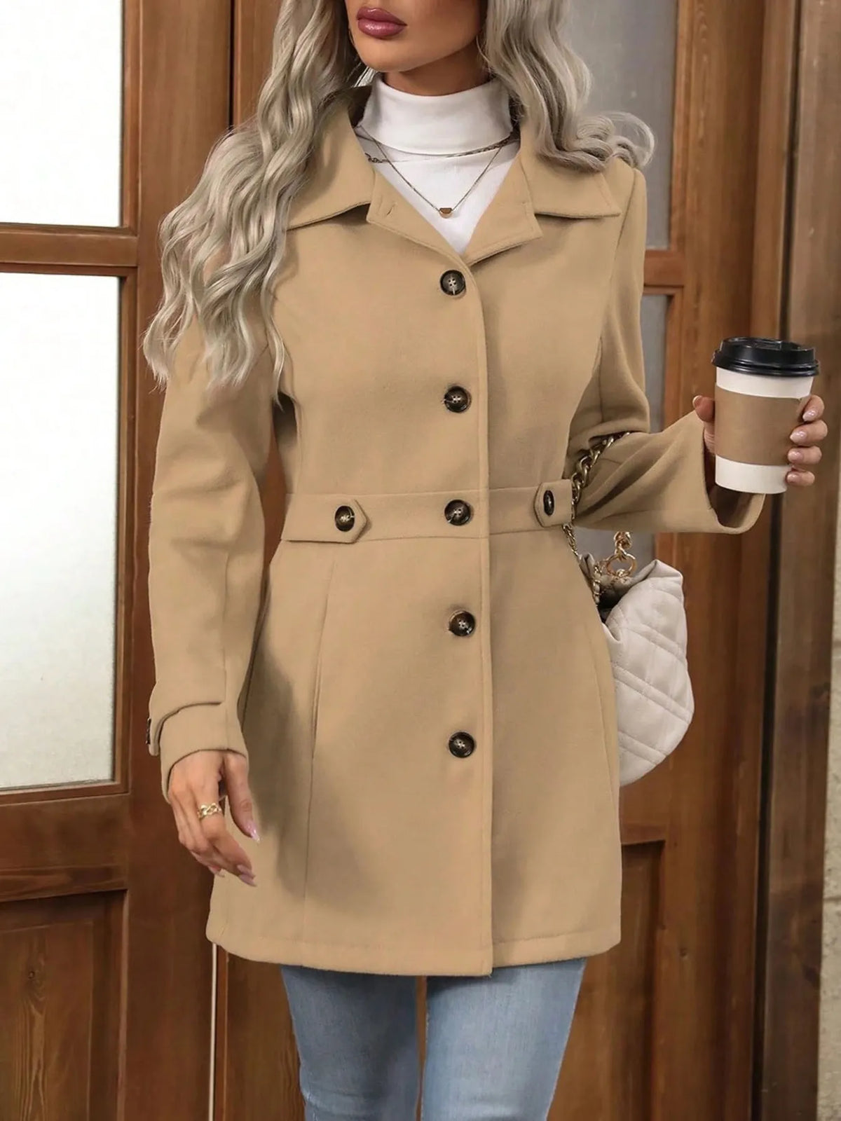 Women's Elegant Long Button-Up Coat - Khaki