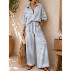 Women's Striped Shirt and Pants Set - Light Blue