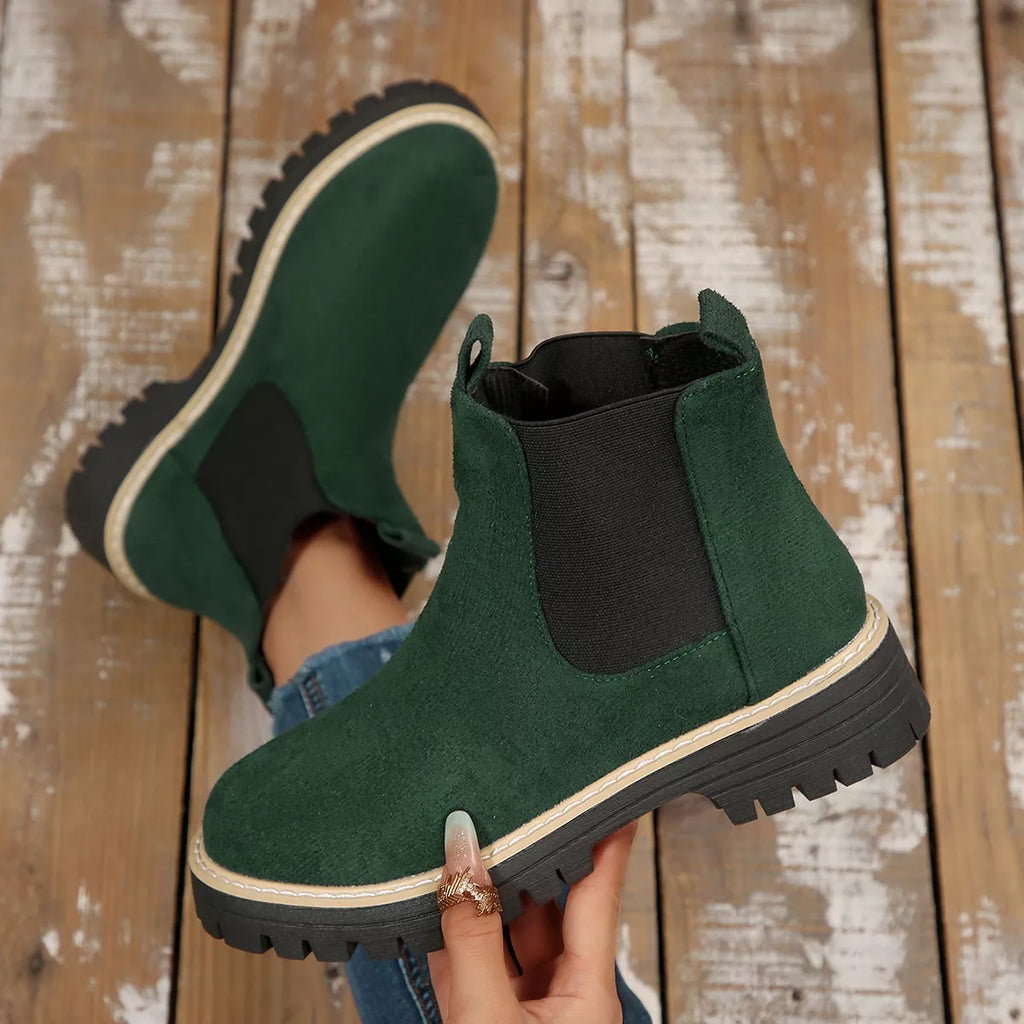 Women's Comfortable Block Heel Round Toe Ankle Boots for Fall and Winter - Green