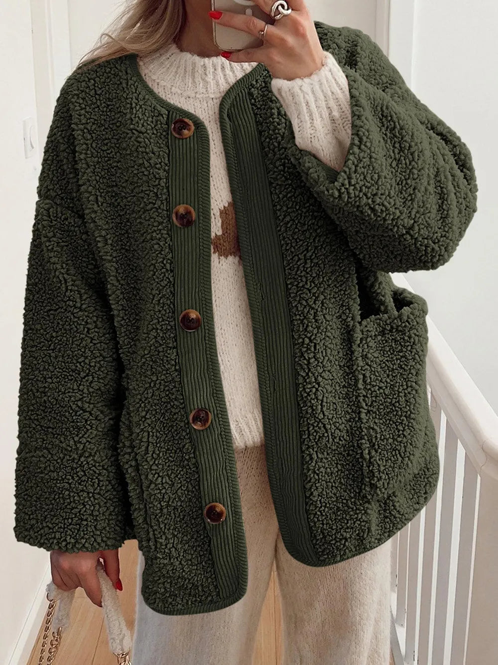 Women's Two-Tone Sherpa Button-Up Jacket with Pockets - Black Forest