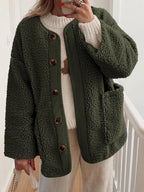 Women's Two-Tone Sherpa Button-Up Jacket with Pockets - Black Forest