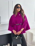Women's Turtleneck Wool Poncho with Belt - Pink and Red