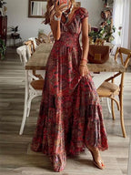Women's Plus Size Short Sleeve V-Neck Printed Dress with Ruched Detail - Terracotta