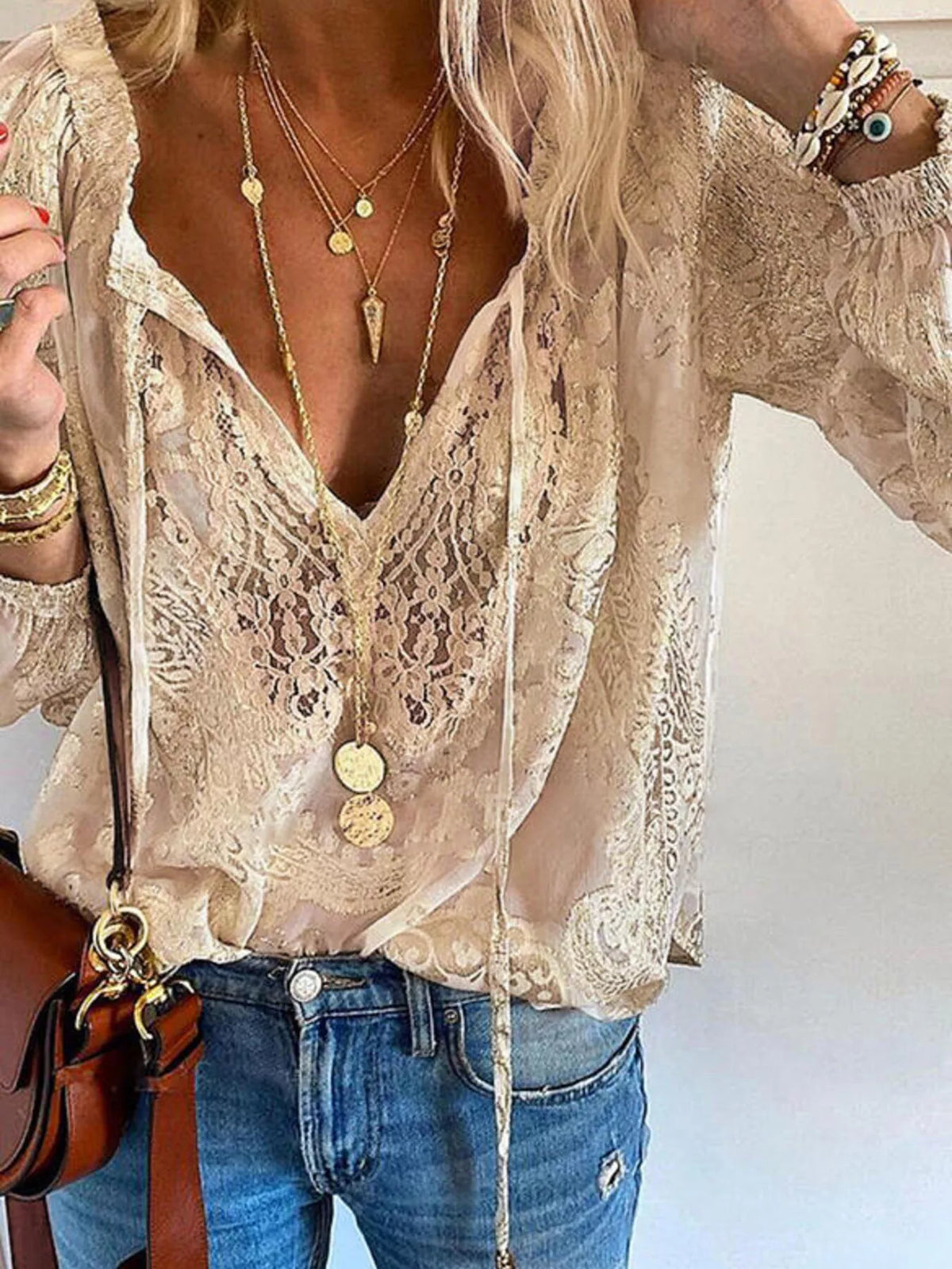 Women's Lace Tie-Neck Blouse