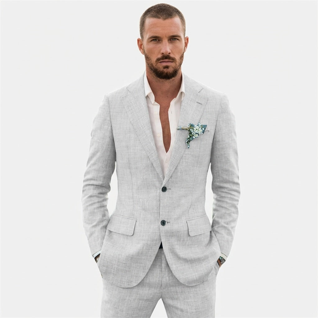 Men's Relaxed Fit Linen Suit with Classic Lapel - Light Gray