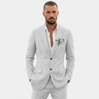 Men's Relaxed Fit Linen Suit with Classic Lapel - Light Gray