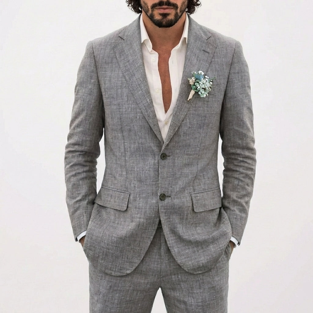Men's Relaxed Fit Linen Suit with Classic Lapel - Gray