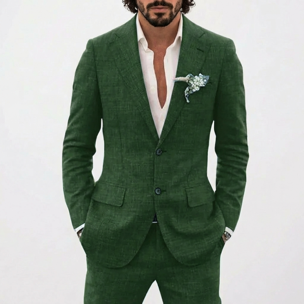 Men's Relaxed Fit Linen Suit with Classic Lapel - Army Green