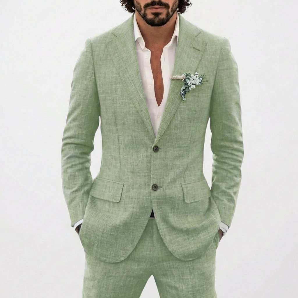 Men's Relaxed Fit Linen Suit with Classic Lapel - Sage Green