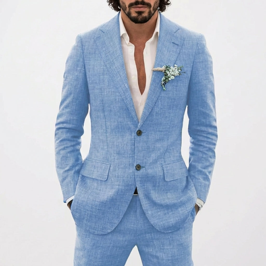 Men's Relaxed Fit Linen Suit with Classic Lapel - Light Blue