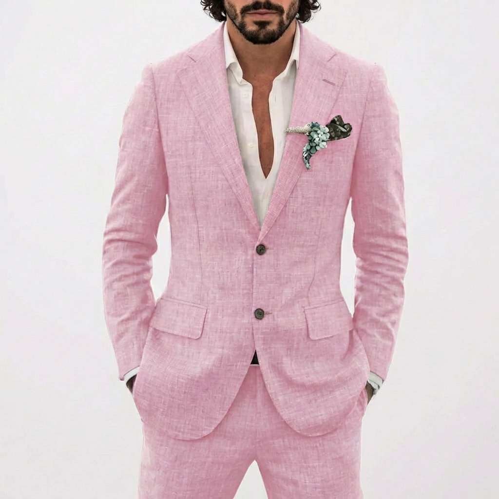 Men's Relaxed Fit Linen Suit with Classic Lapel - Pink