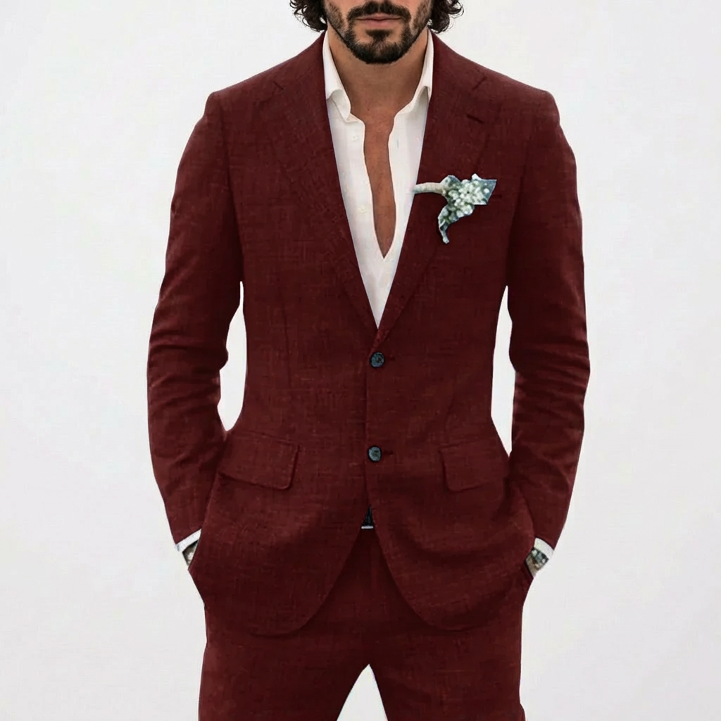 Men's Relaxed Fit Linen Suit with Classic Lapel - Burgundy