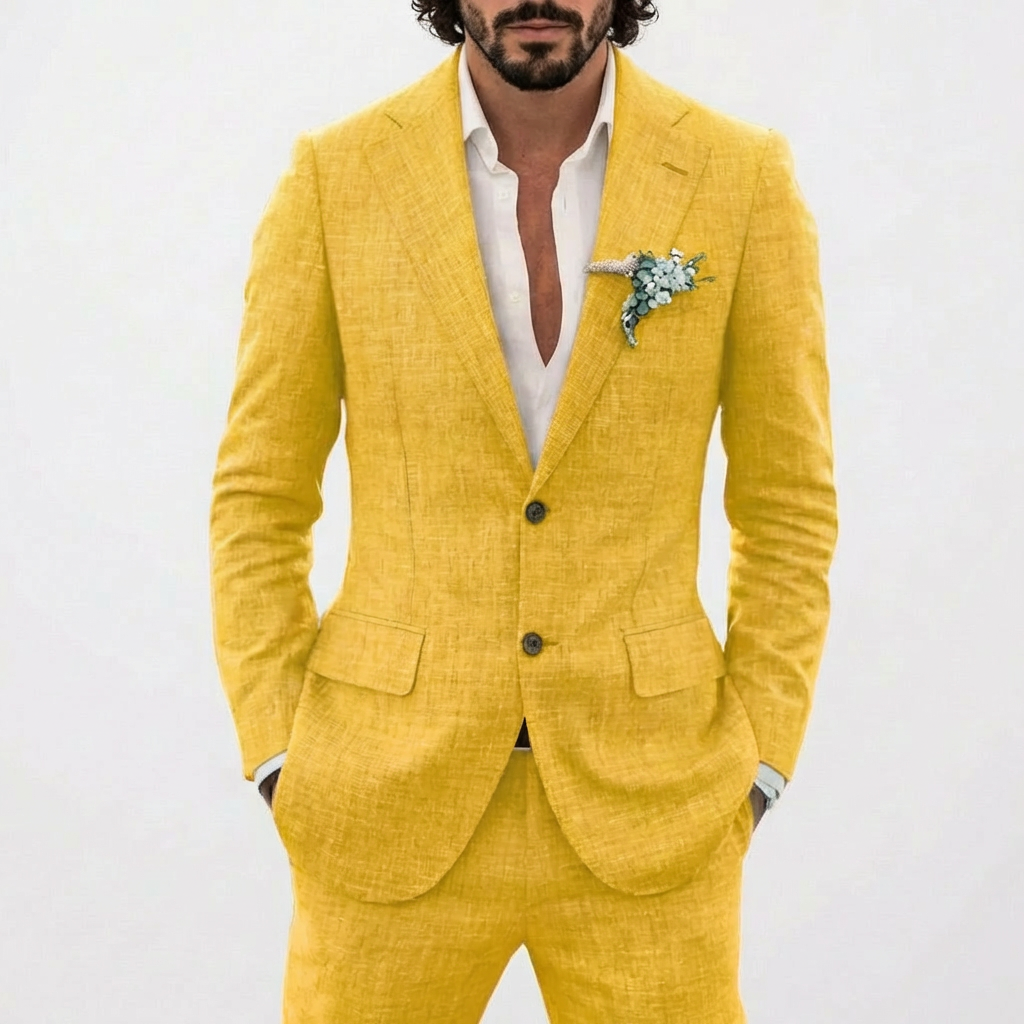 Men's Relaxed Fit Linen Suit with Classic Lapel - Yellow