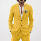 Men's Relaxed Fit Linen Suit with Classic Lapel - Yellow