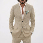 Men's Relaxed Fit Linen Suit with Classic Lapel - Khaki