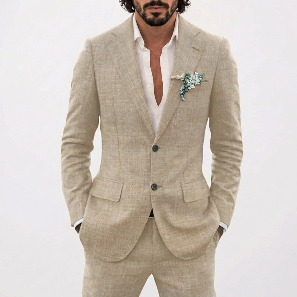 Men's Relaxed Fit Linen Suit with Classic Lapel - Khaki