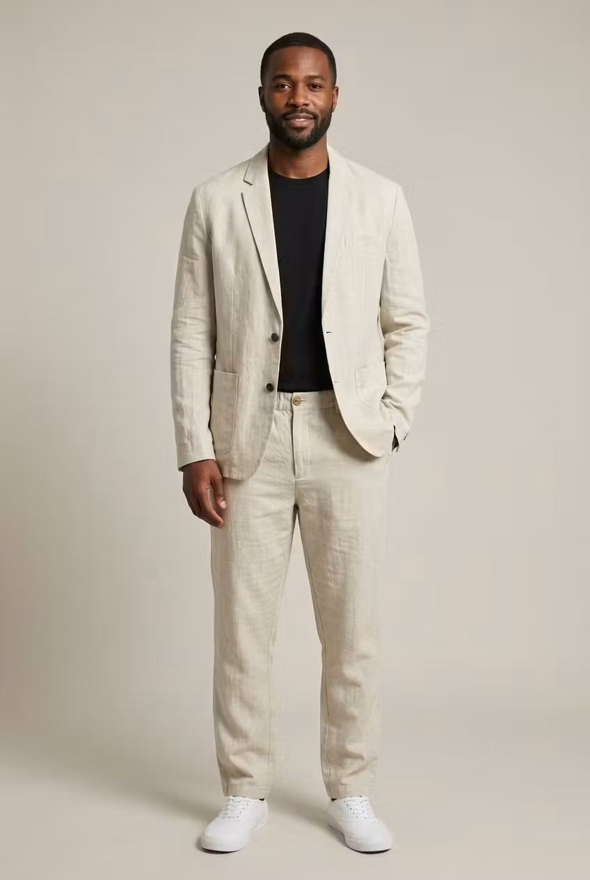 Men's Elegant Relaxed Fit Linen Suit - Apricot