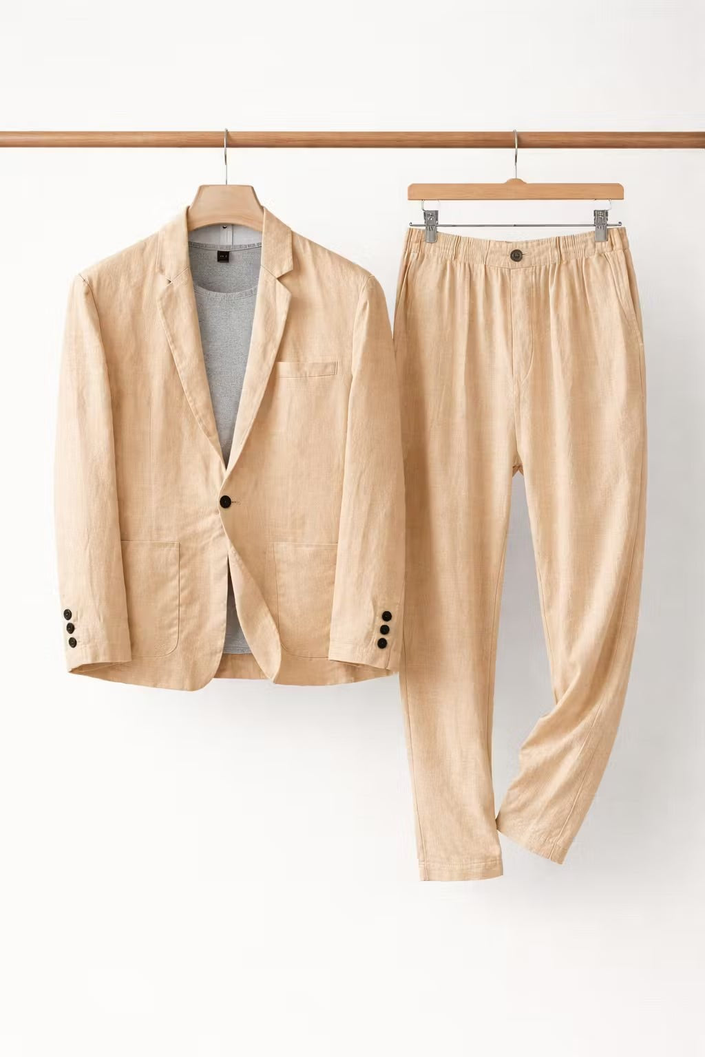 Men's Elegant Relaxed Fit Linen Suit - Khaki