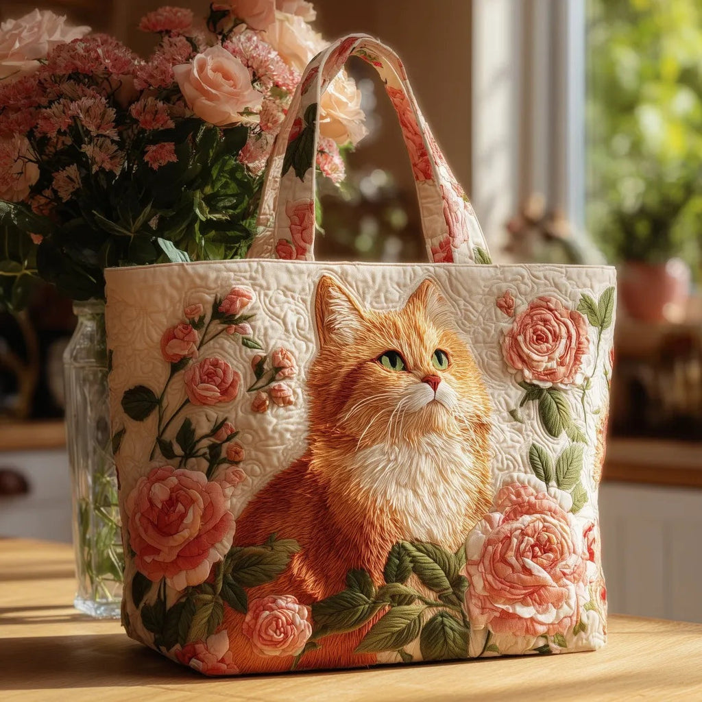 Women's Handmade Quilted Tote Bag with Unique Print - Orange Cat