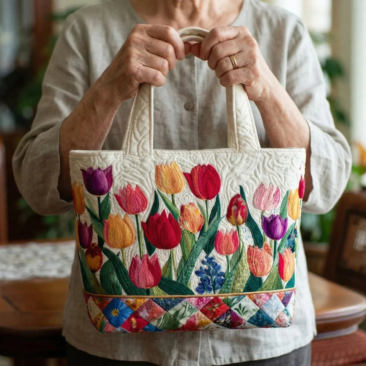 Women's Handmade Quilted Tote Bag with Unique Print