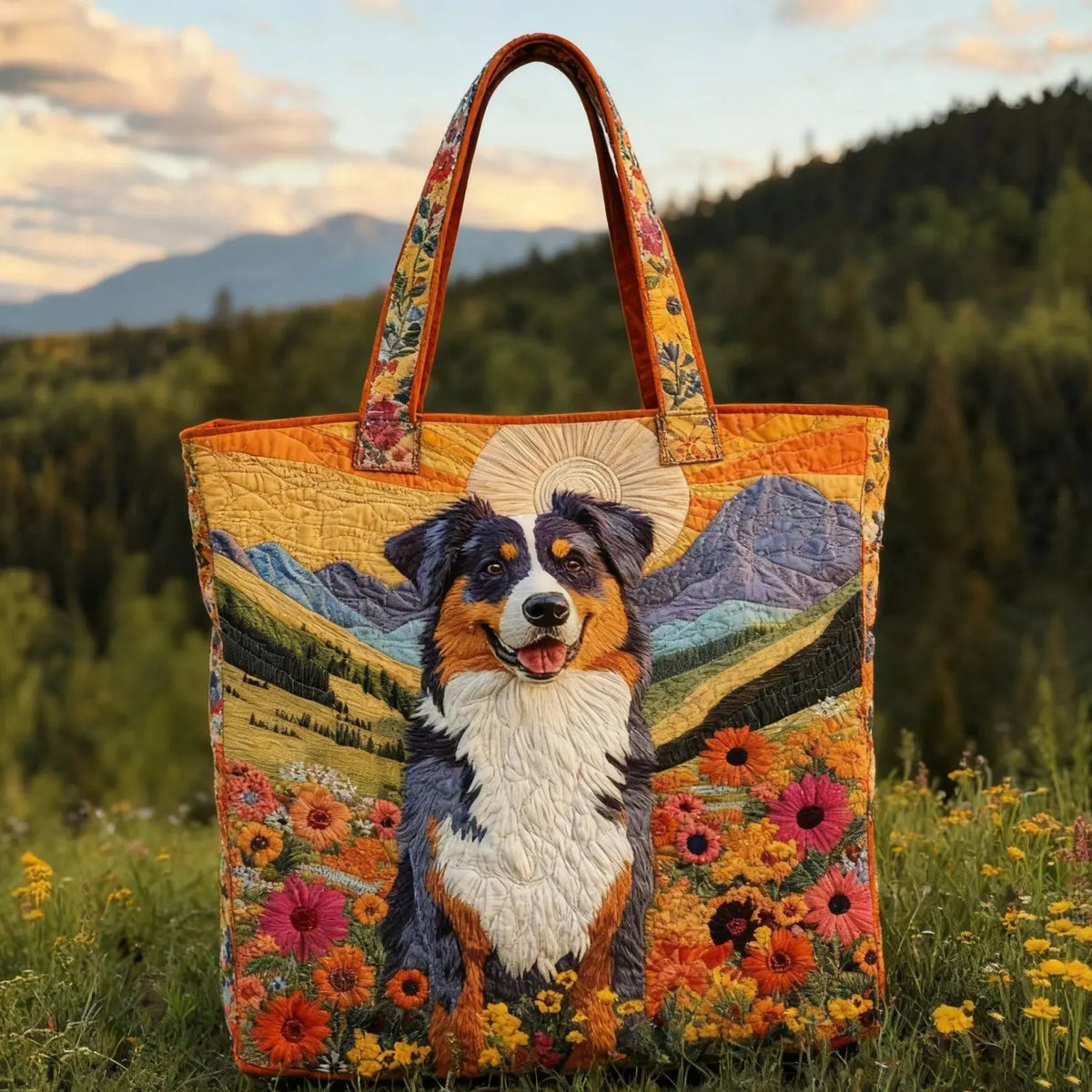 Women's Handmade Quilted Tote Bag with Unique Print - Collie